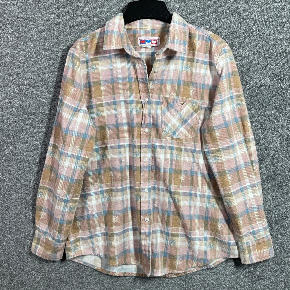 Vintage American Sweetheart Pastel Plaid Flannel Shirt Pink Blue Large